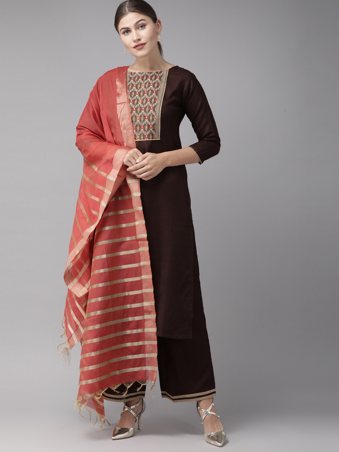 

Indo Era Women Coffee Brown Yoke Design Kurta with Palazzos & Dupatta