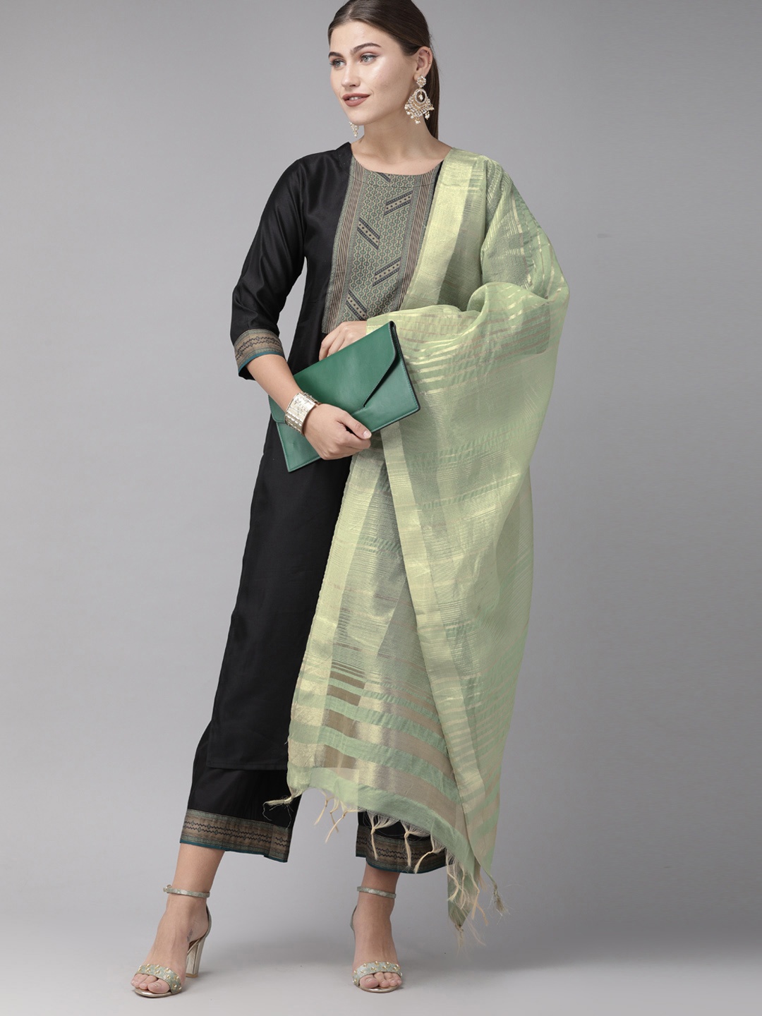 

Indo Era Women Black & Green Yoke Design Kurta with Palazzos & Dupatta