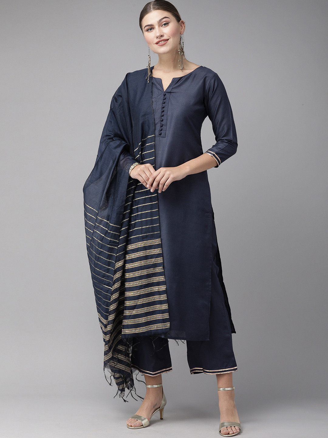 

Indo Era Women Navy Blue Solid Kurta with Palazzos & Dupatta
