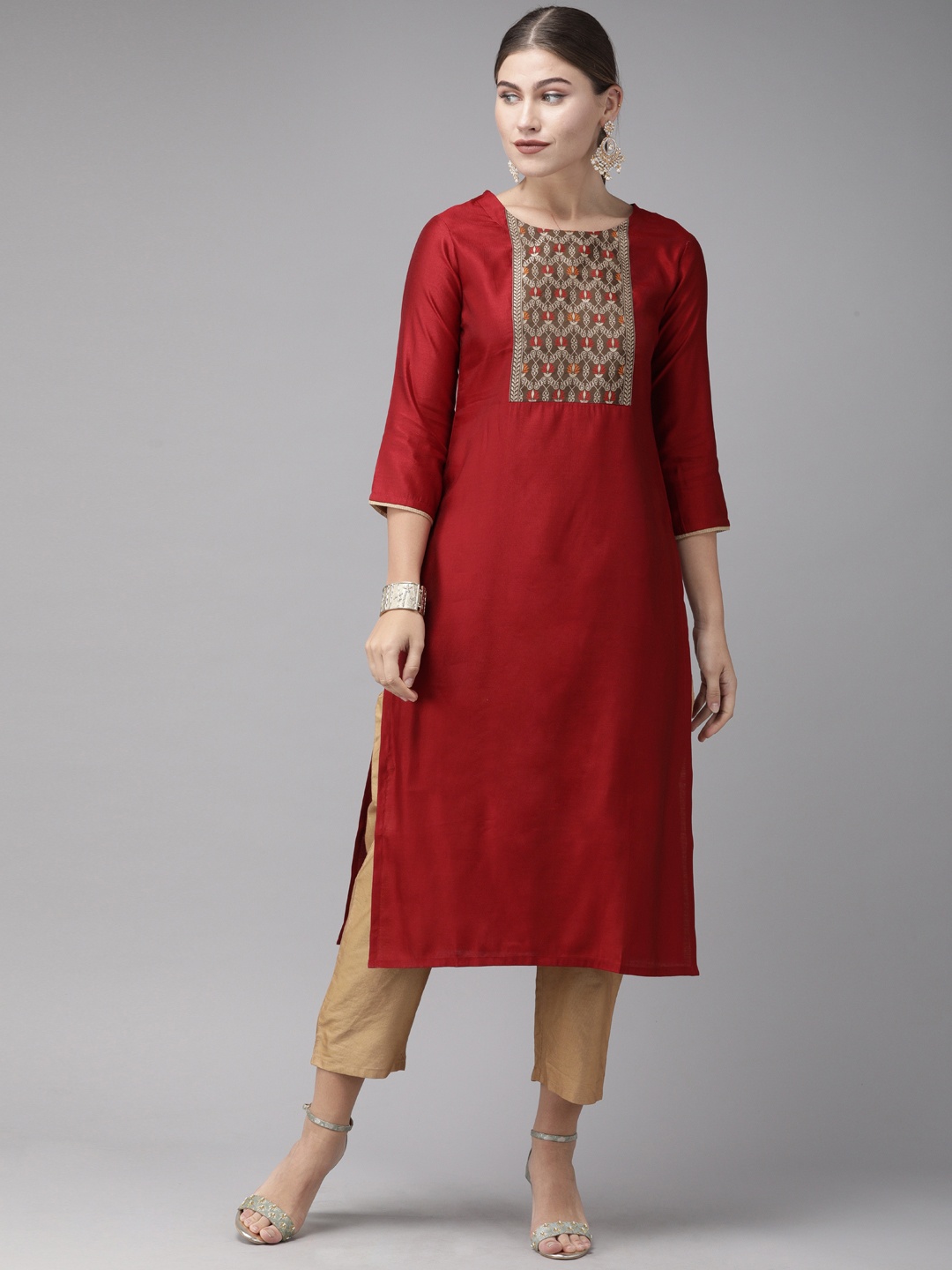 

Indo Era Women Red Ethnic Motifs Yoke Design Liva Kurta