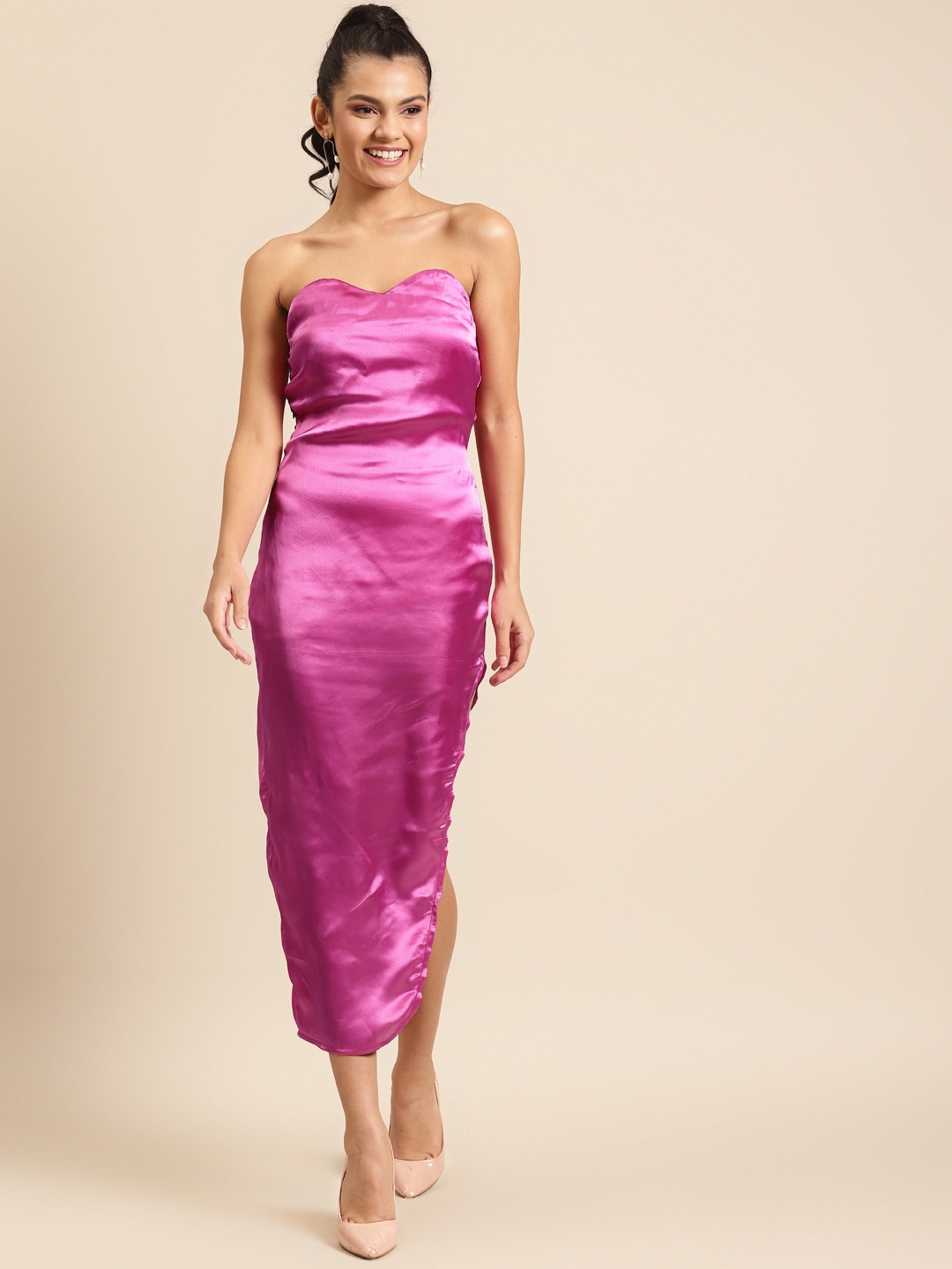 

DODO & MOA Women Pink Solid Sheen Satin Off Shoulder Sheath Dress