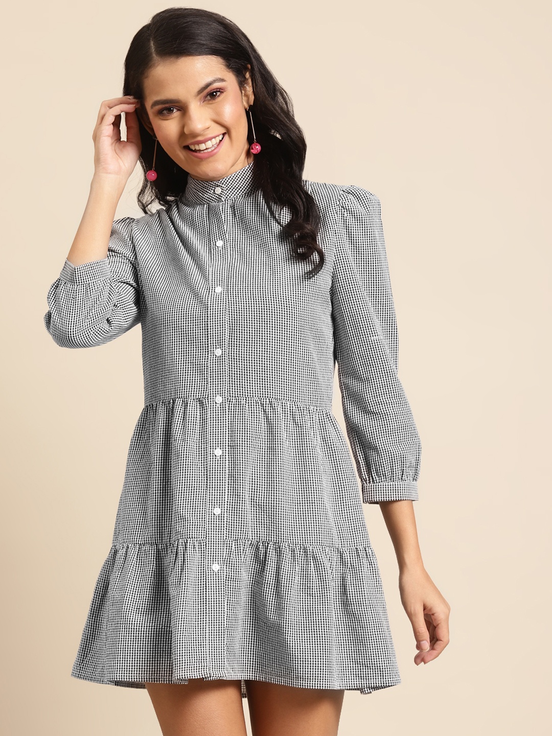 

DODO & MOA Women Black & White Checked Pure Cotton Tiered Shirt Dress