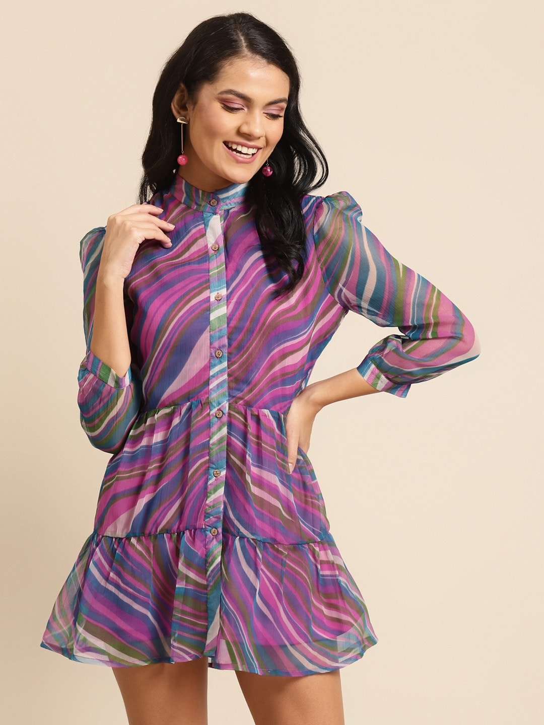 

DODO & MOA Women Pink & Blue Striped A-Line Tiered Dress