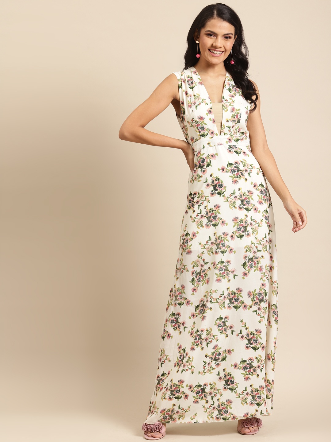 

DODO & MOA Women Off-White & Green Floral Printed Maxi Dress