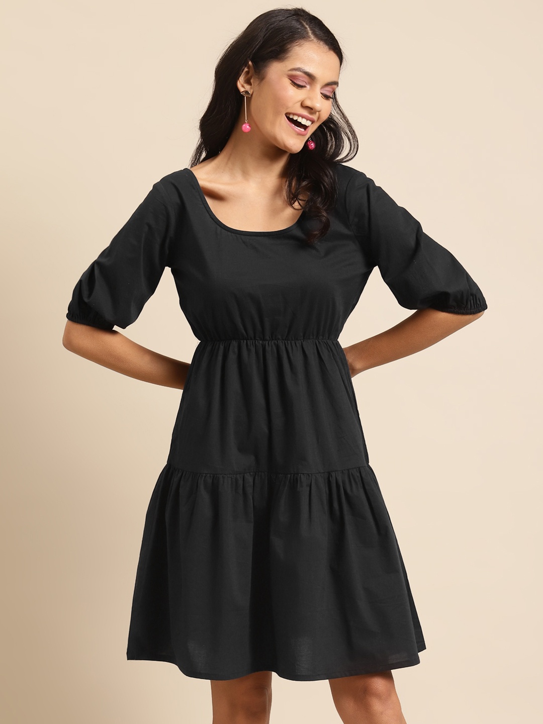 

DODO & MOA Women Black Solid Tiered Pure Cotton A-Line Dress With Puff Sleeves