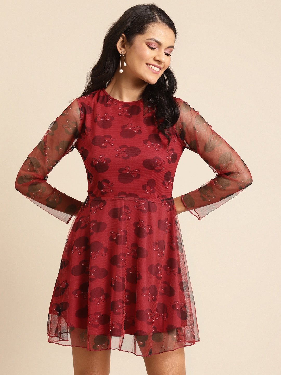 

DODO & MOA Women Red Net Printed A-Line Dress