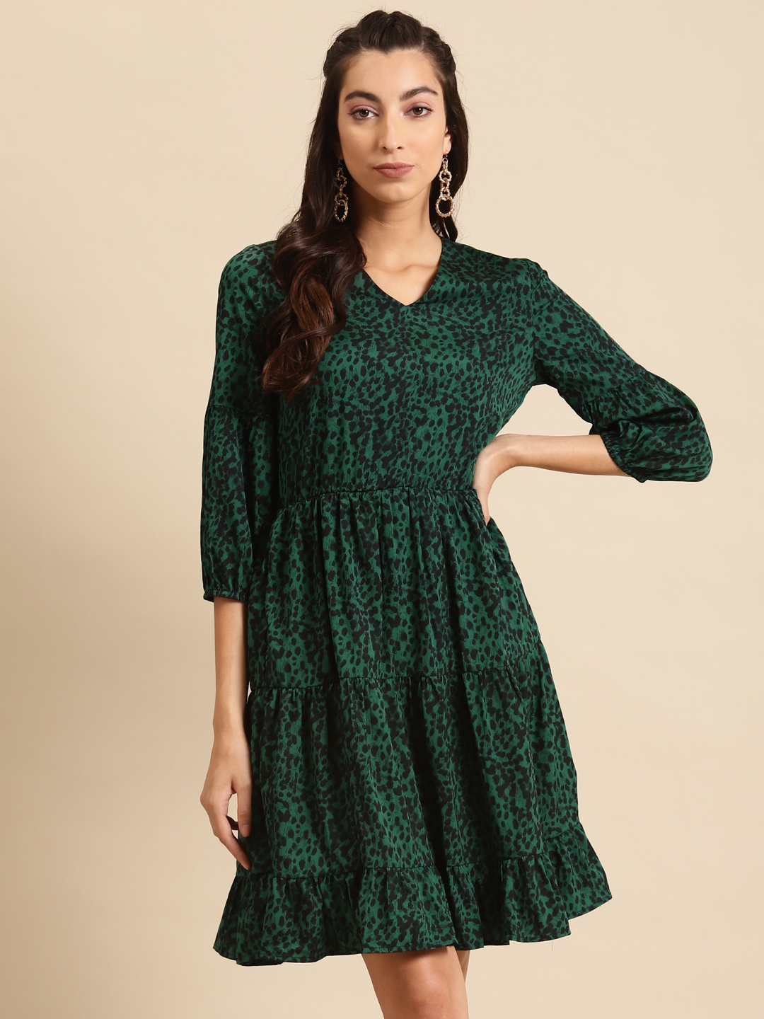 

DODO & MOA Women Green & Black Printed Tiered A-Line Dress