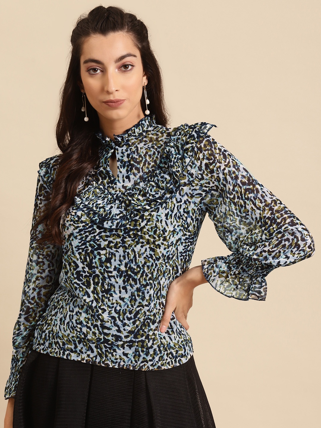 

DODO & MOA Blue & Olive Green Printed Keyhole Neck Puff Sleeves Victorian Georgette Top
