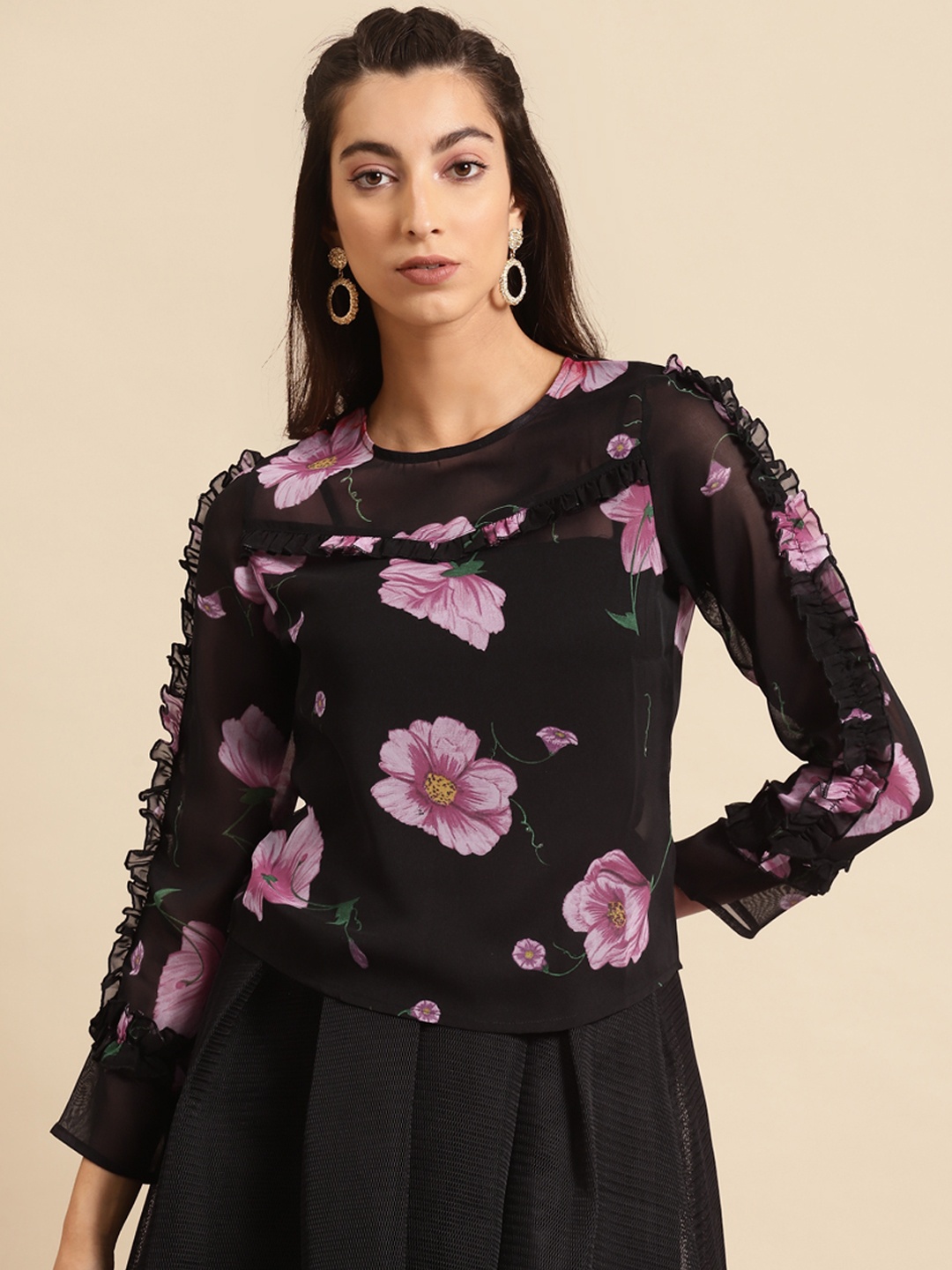 

DODO & MOA Black & Pink Floral Printed Sheer Georgette Regular Top