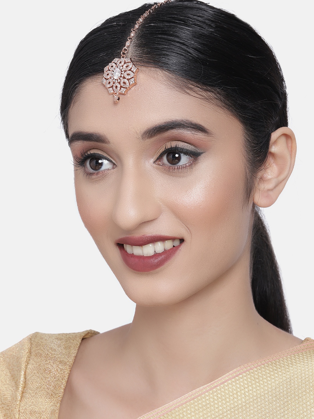

AccessHer White Rose-Gold Plated AD Studded Handcrafted Maang Tika