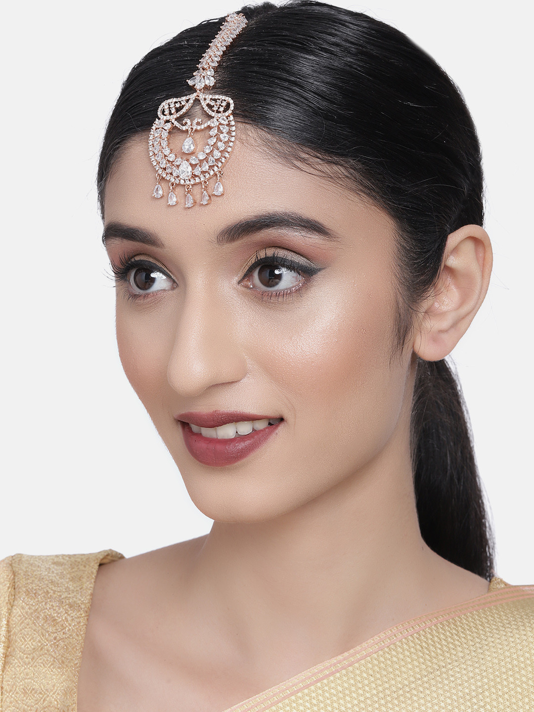 

AccessHer White Rose-Gold Plated AD Studded Handcrafted Maang Tika