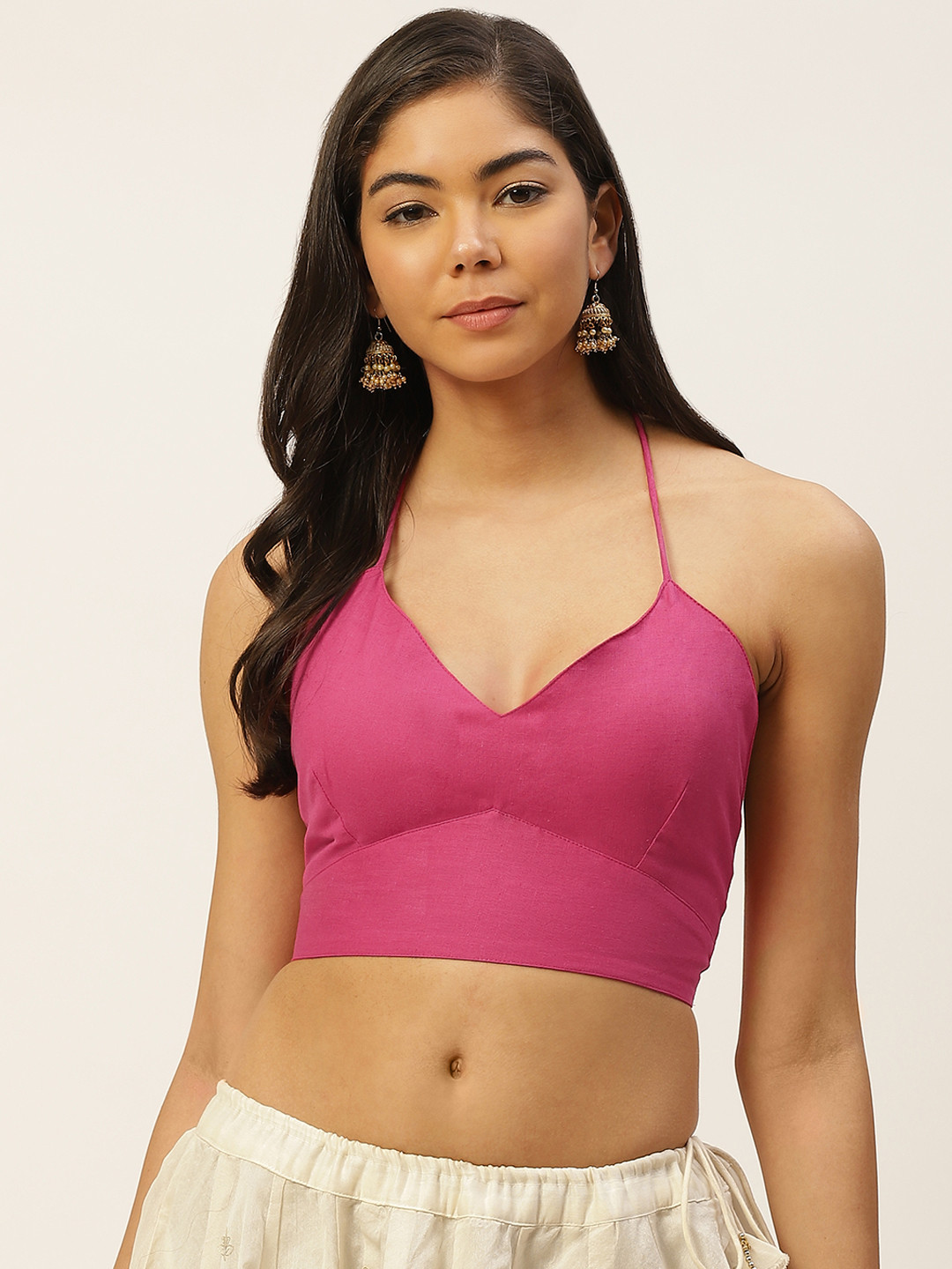 

Molcha Women Pink Solid Pure Cotton Halter Neck Padded Blouse With Tie-Up Closure