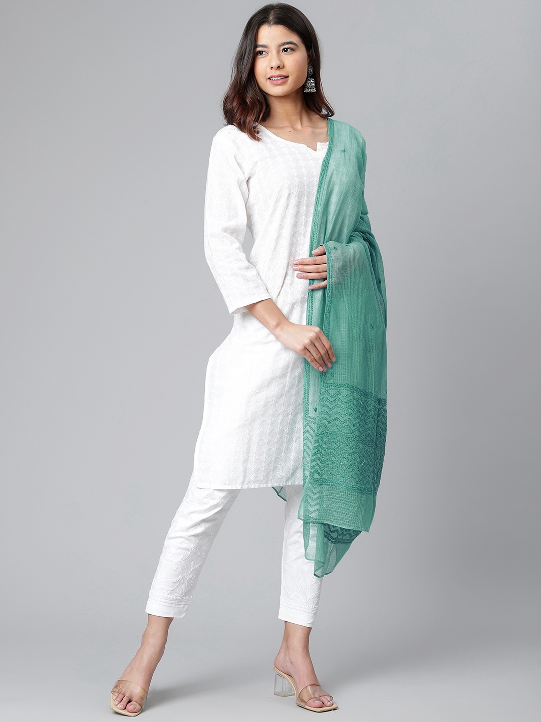 

akheri Turquoise Blue Ethnic Motifs Tonal Chikankari Embroidered Dupatta With Mukaish Work