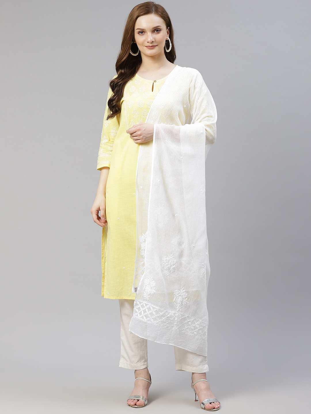 

akheri White Ethnic Motifs Embroidered Dupatta with Chikankari Detail