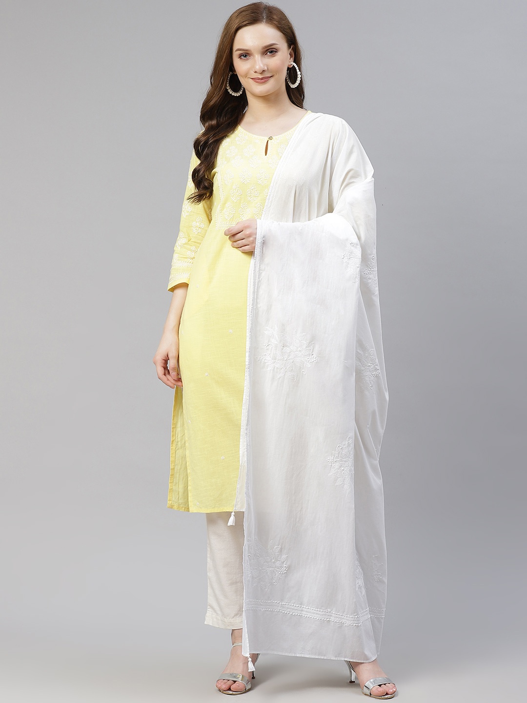 

akheri White Ethnic Motifs Embroidered Pure Cotton Dupatta with Chikankari Detail