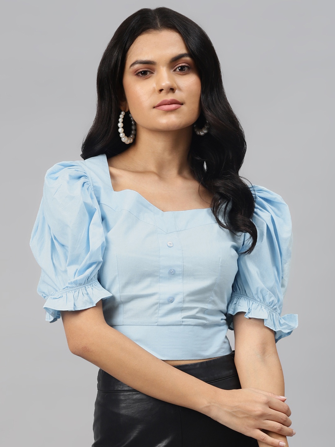 

plusS Blue Solid Smocked Crop Top