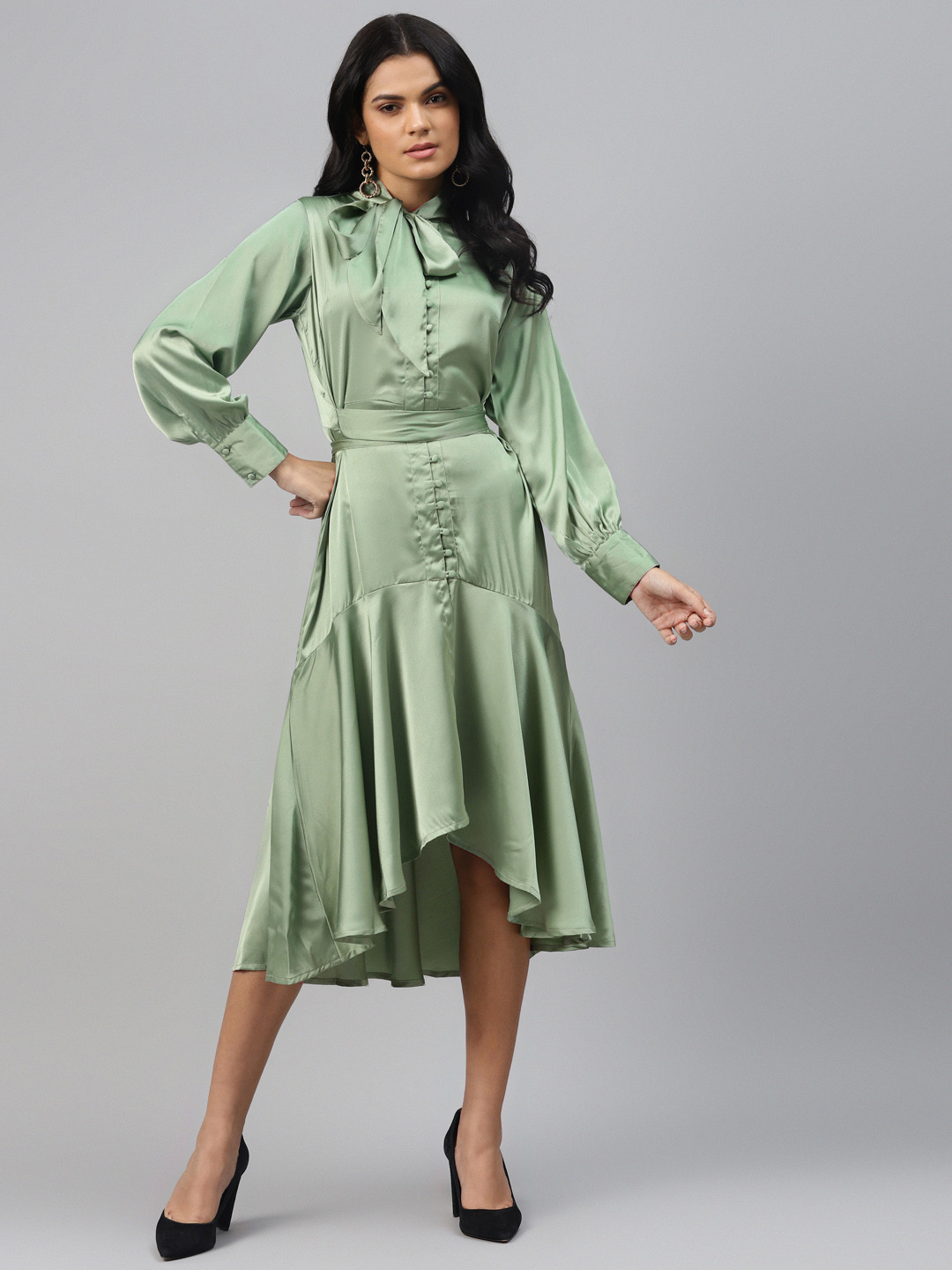 

plusS Green Tie-Up Neck Satin A-Line Dress