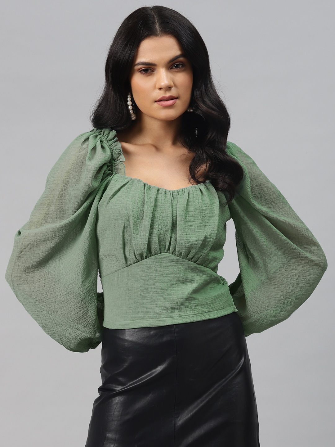 

plusS Alluring Green Solid Smocked Top