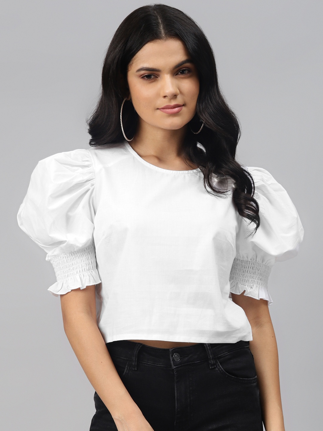 

plusS Attractive White Solid Smocked Crop Top