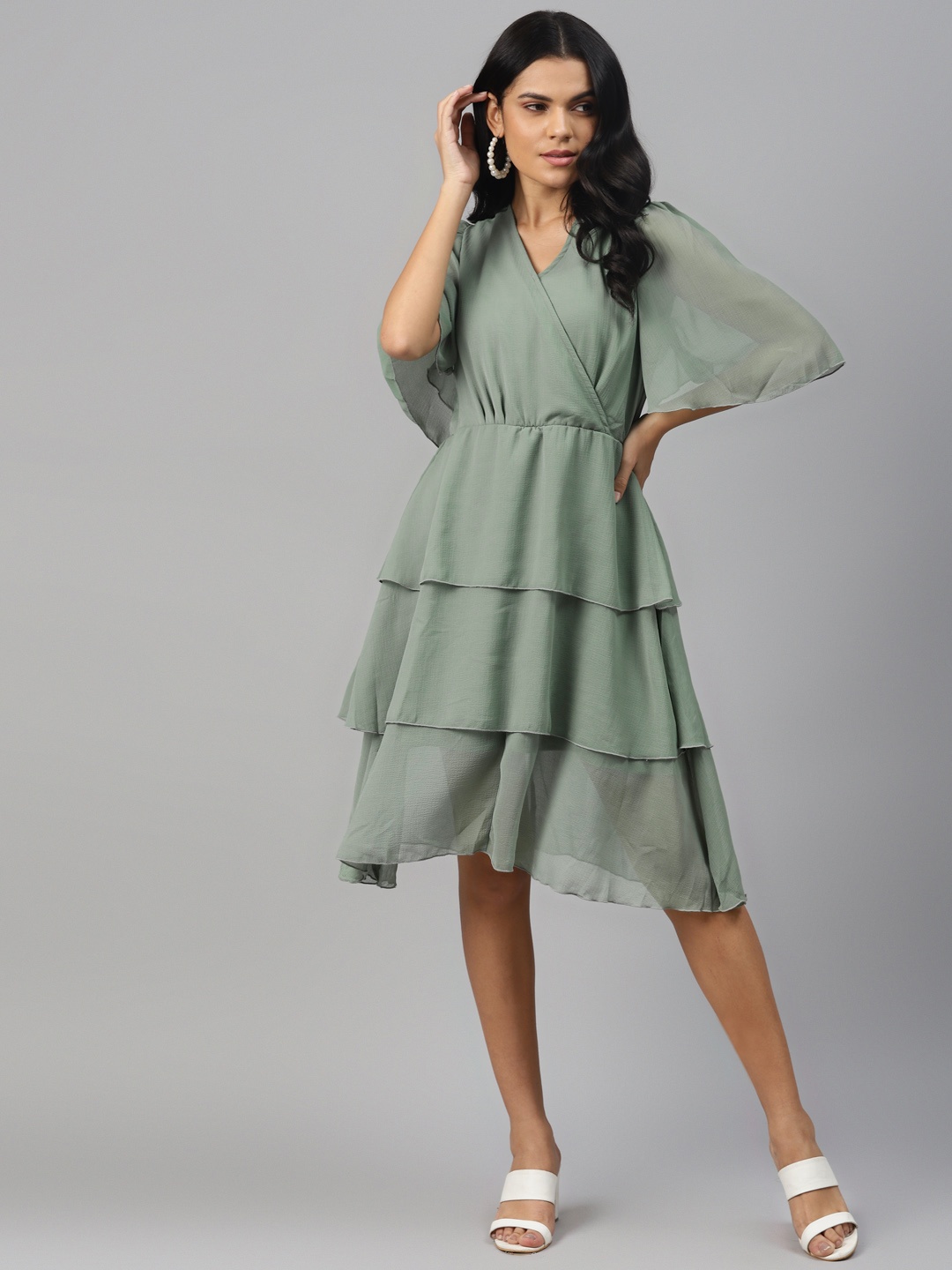 

plusS Sea Green Solid Layered Wrap Dress