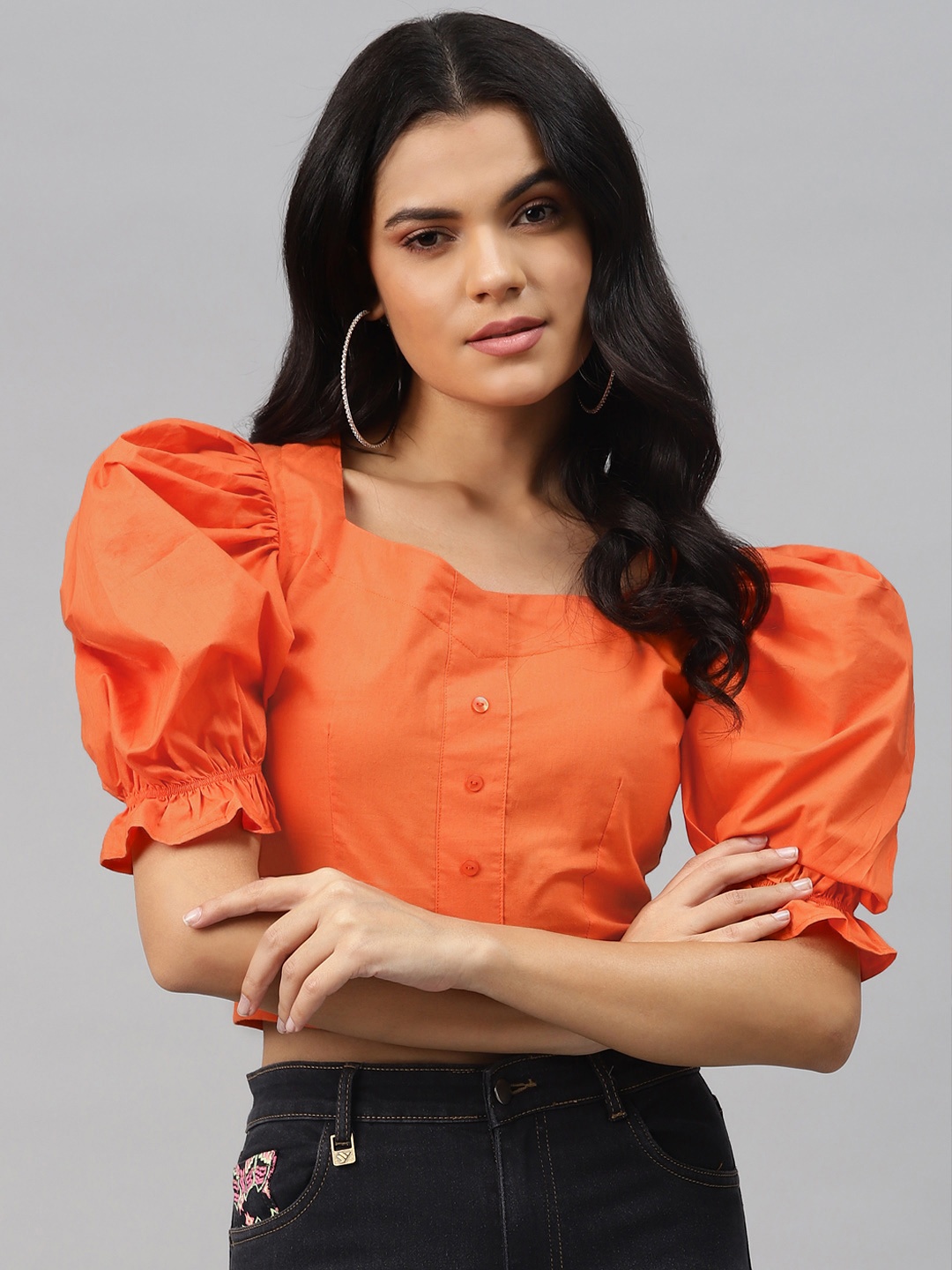 

plusS Attractive Orange Solid Smocked Crop Top