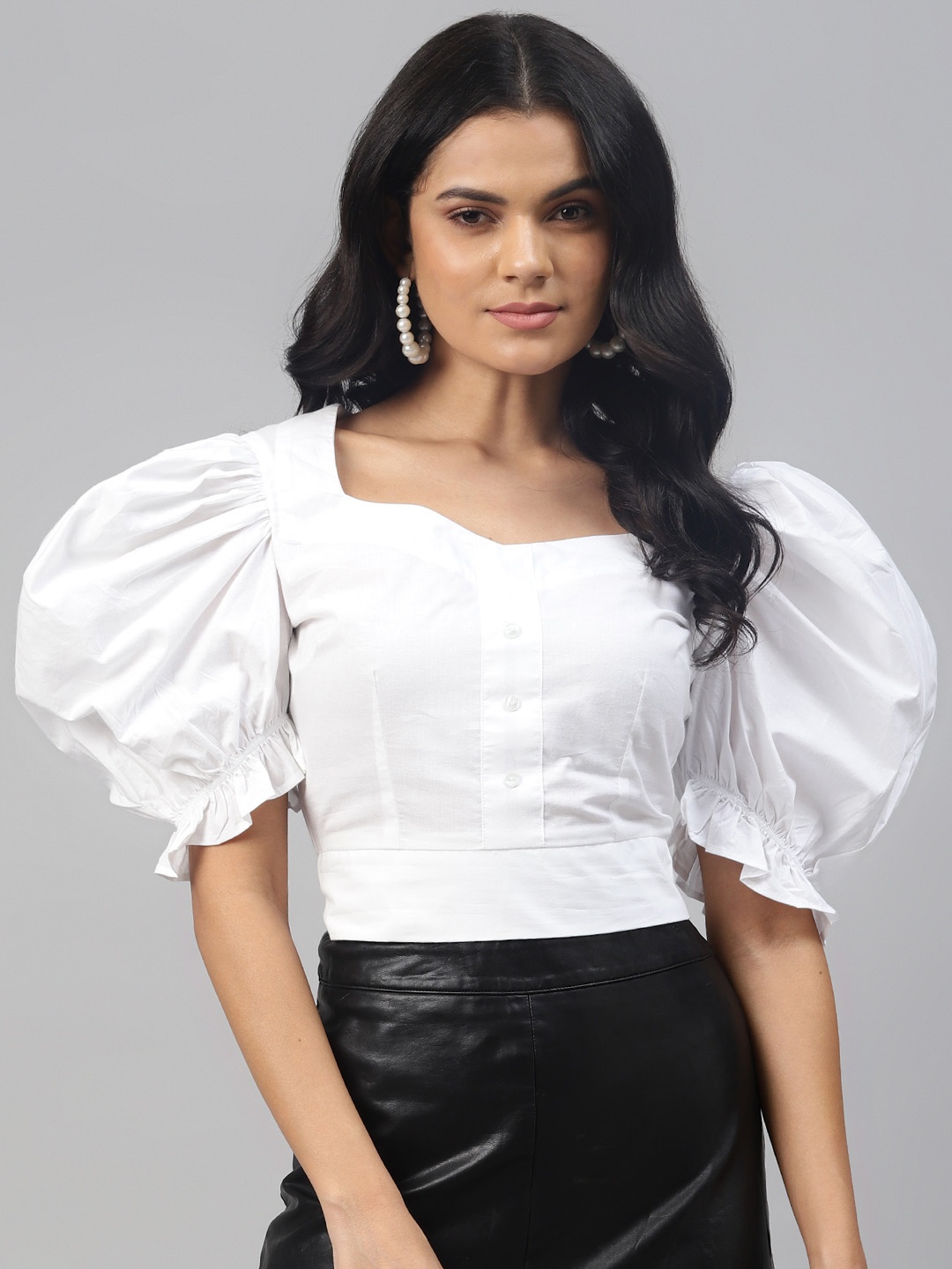 

plusS Captivating White Solid Smocked Crop Top