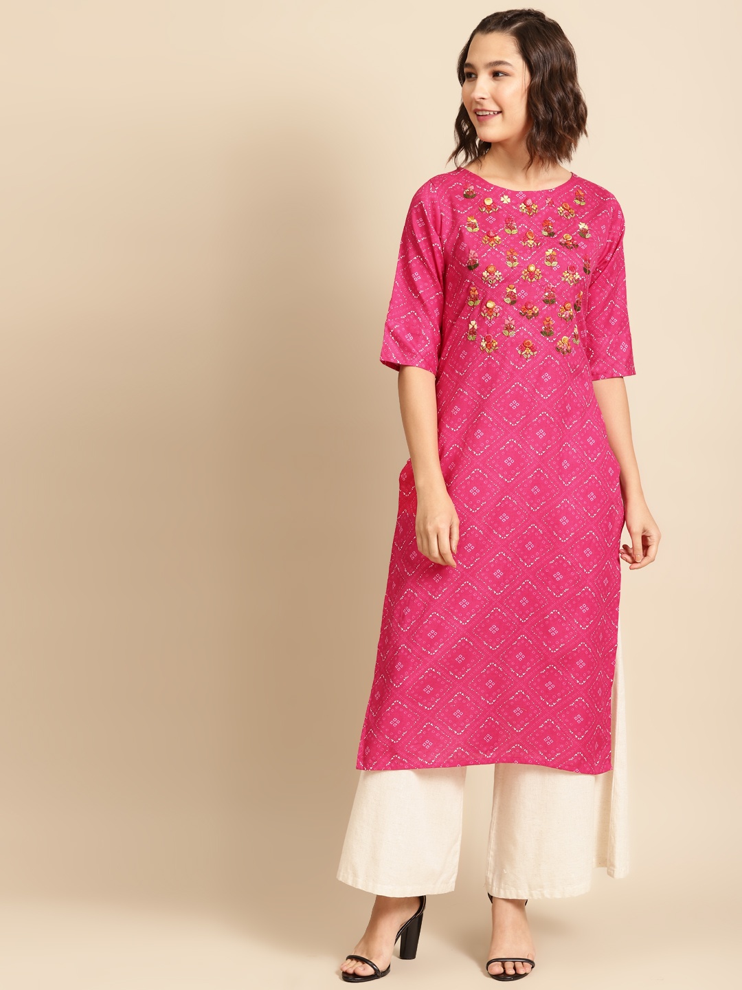 

FASHOR Women Pink & Off White Bandhani Printed Thread Work Kurta