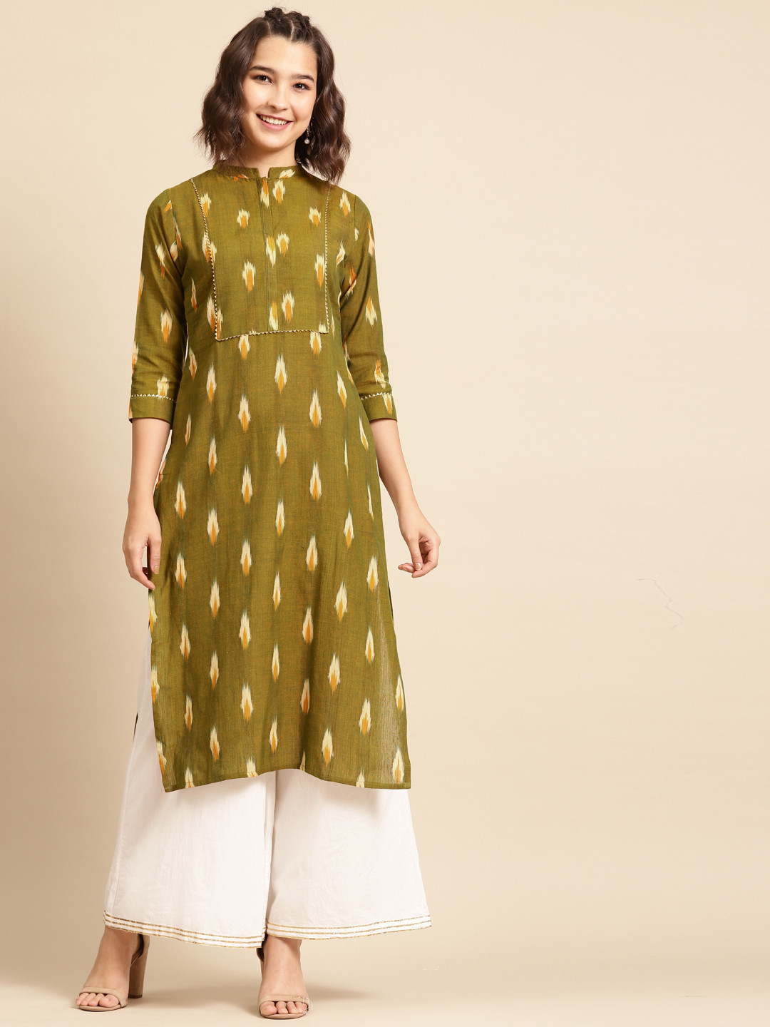 

FASHOR Women Olive Green & Cream-Coloured Ikat Woven Design Straight Kurta