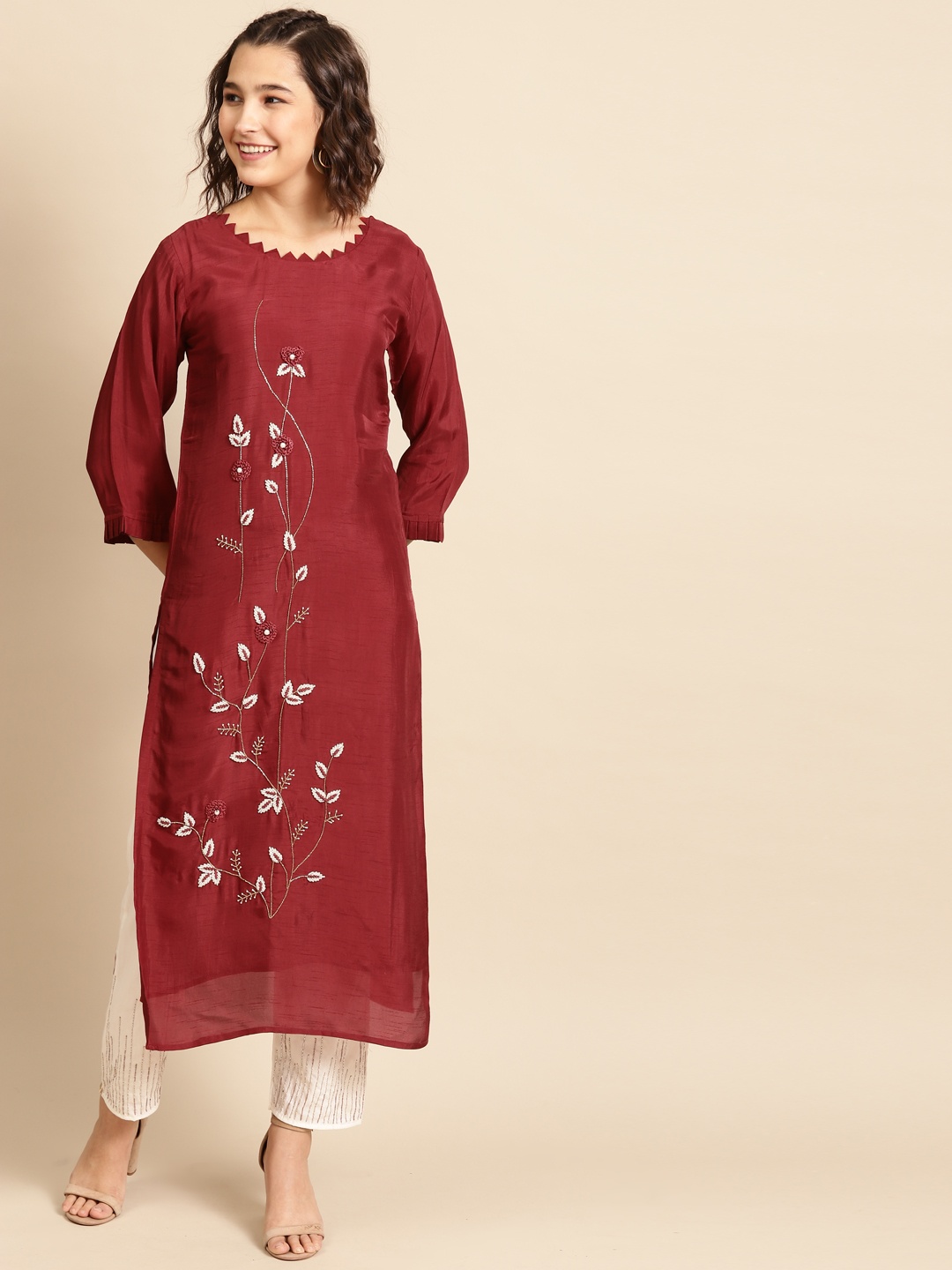 

FASHOR Women Maroon Floral Embellished Floral Kurta