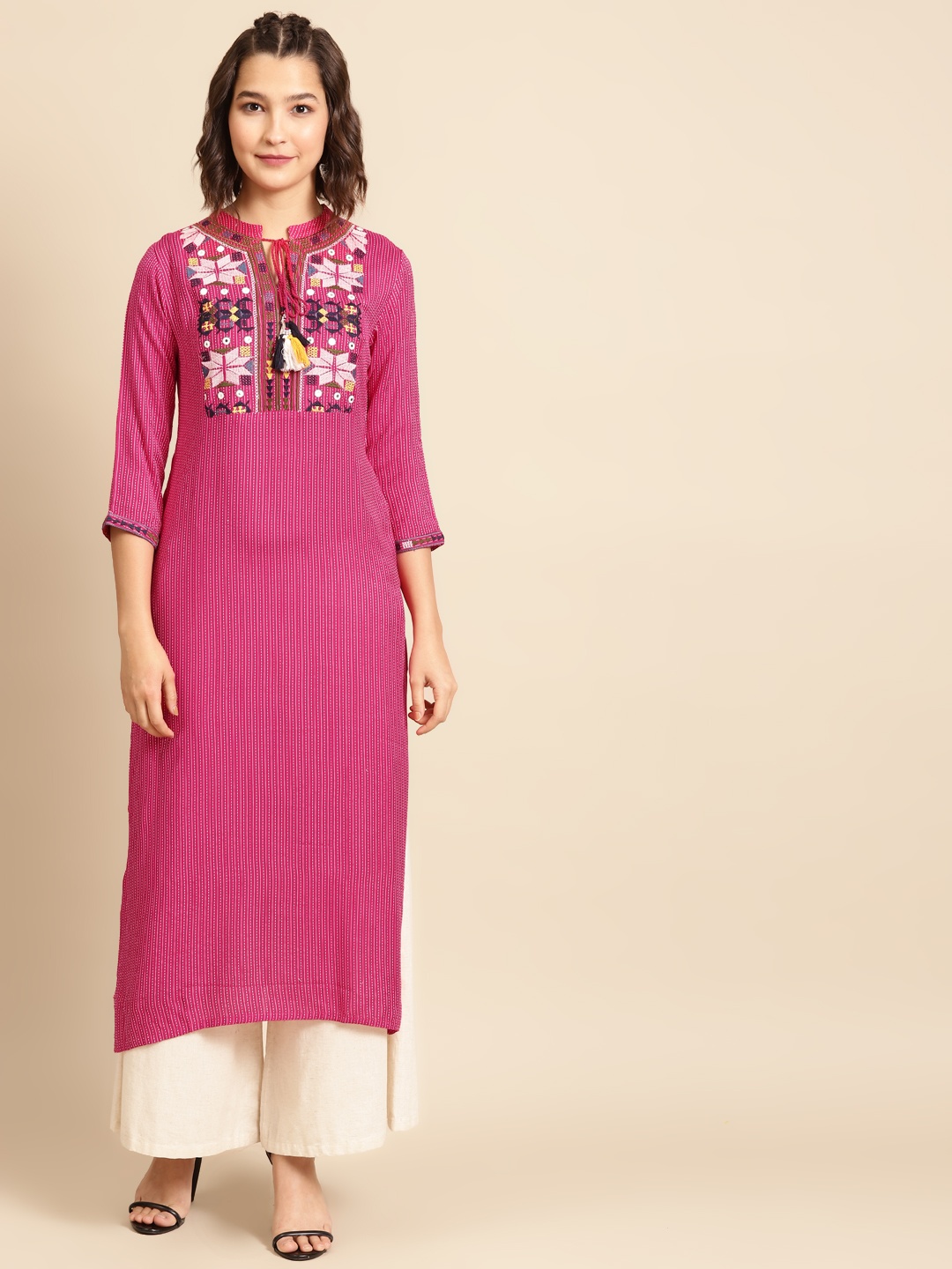

FASHOR Women Pink & White Kantha Work Phulkari Embroidered Kurta