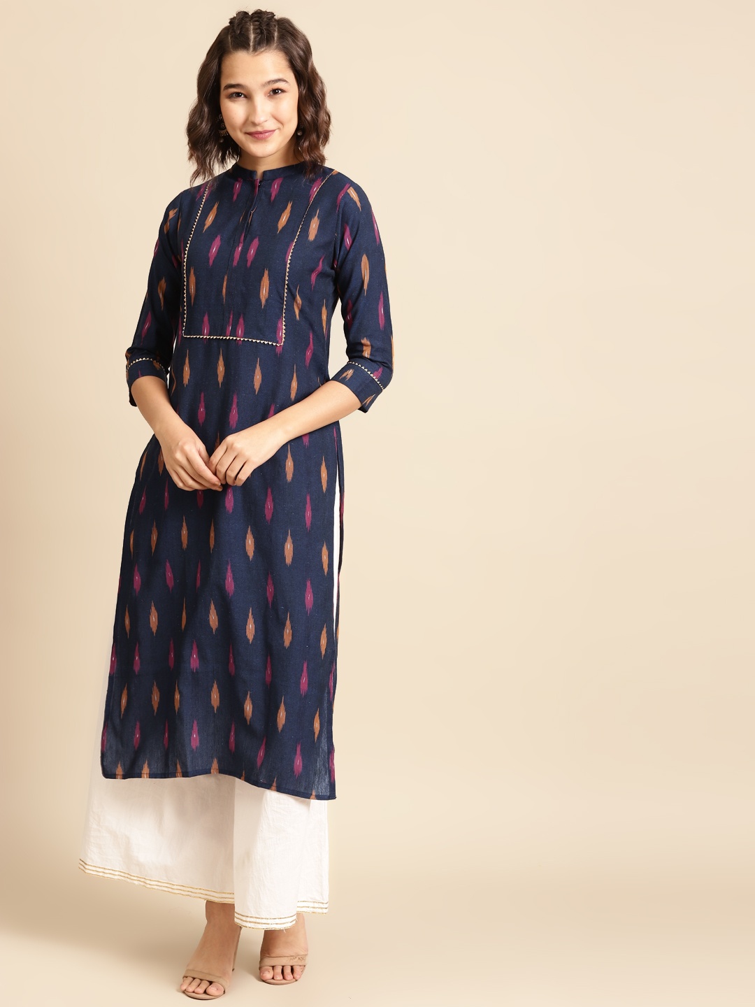 

FASHOR Women Navy Blue & Pink Ikat Woven Design Straight Kurta