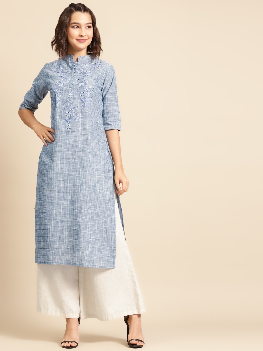 

FASHOR Women Blue Checked Mirrorwork Straight Kurta