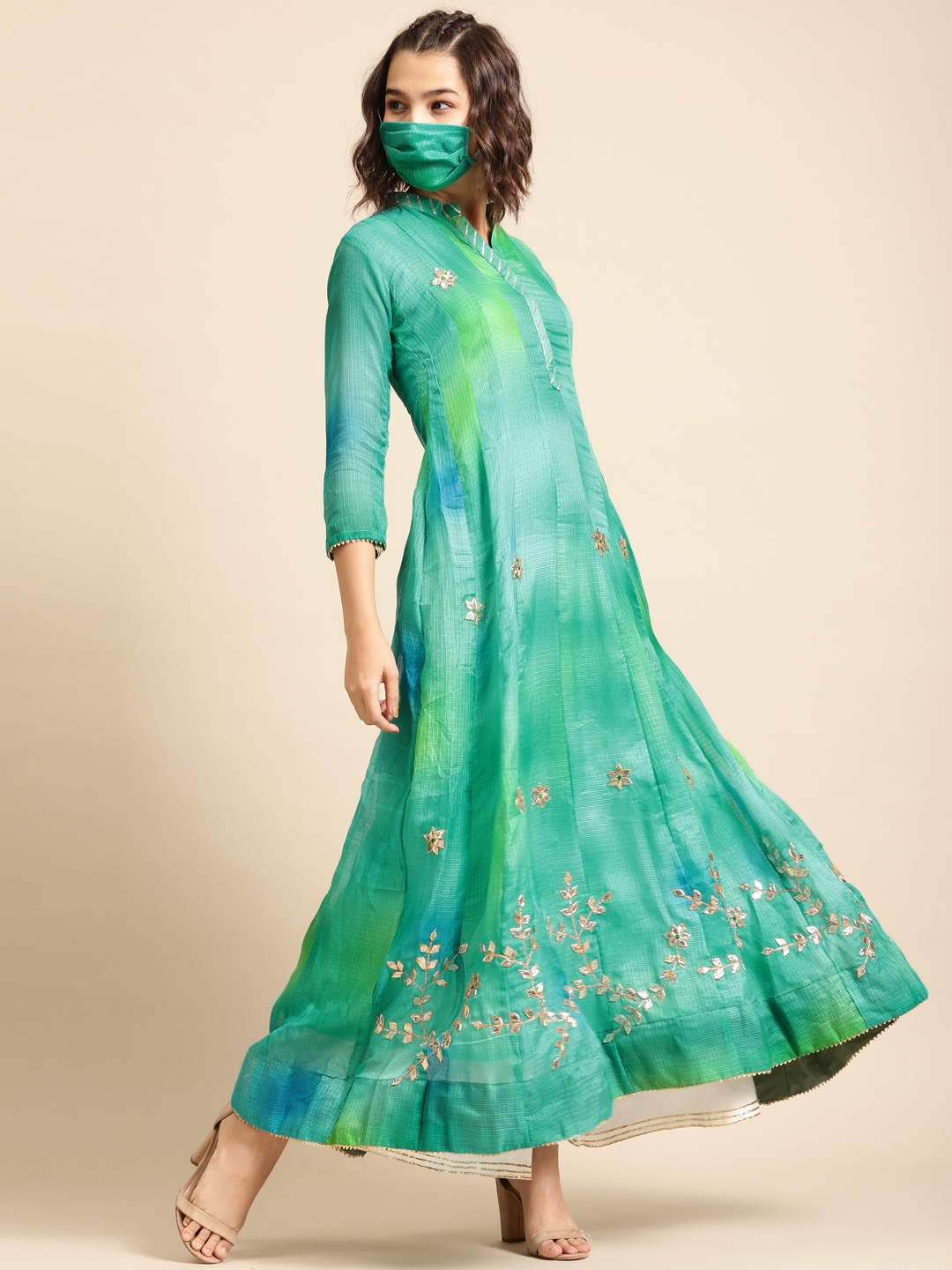 

FASHOR Women Sea Green Dyed Maxi Dress with Mask