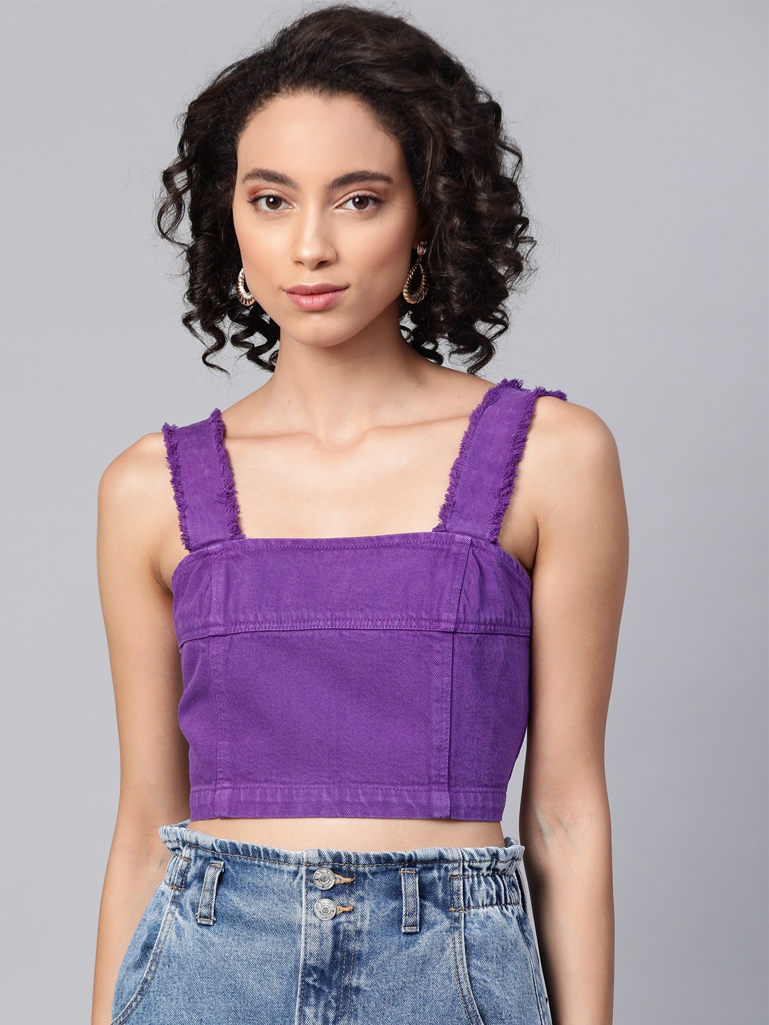 

SASSAFRAS Women Purple Pure Cotton Denim Fitted Crop Top