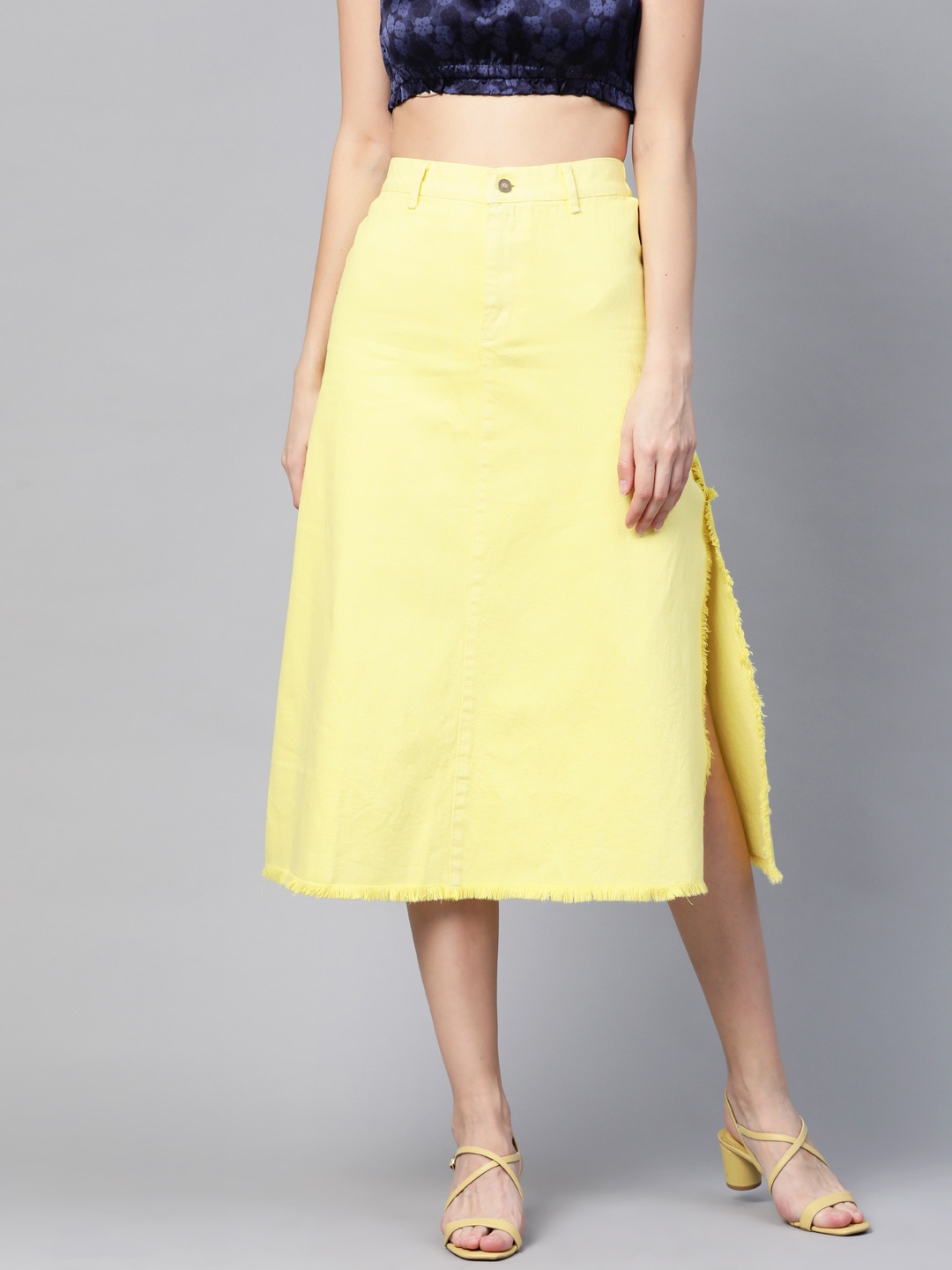 

SASSAFRAS Yellow Denim A-Line Midi Skirt