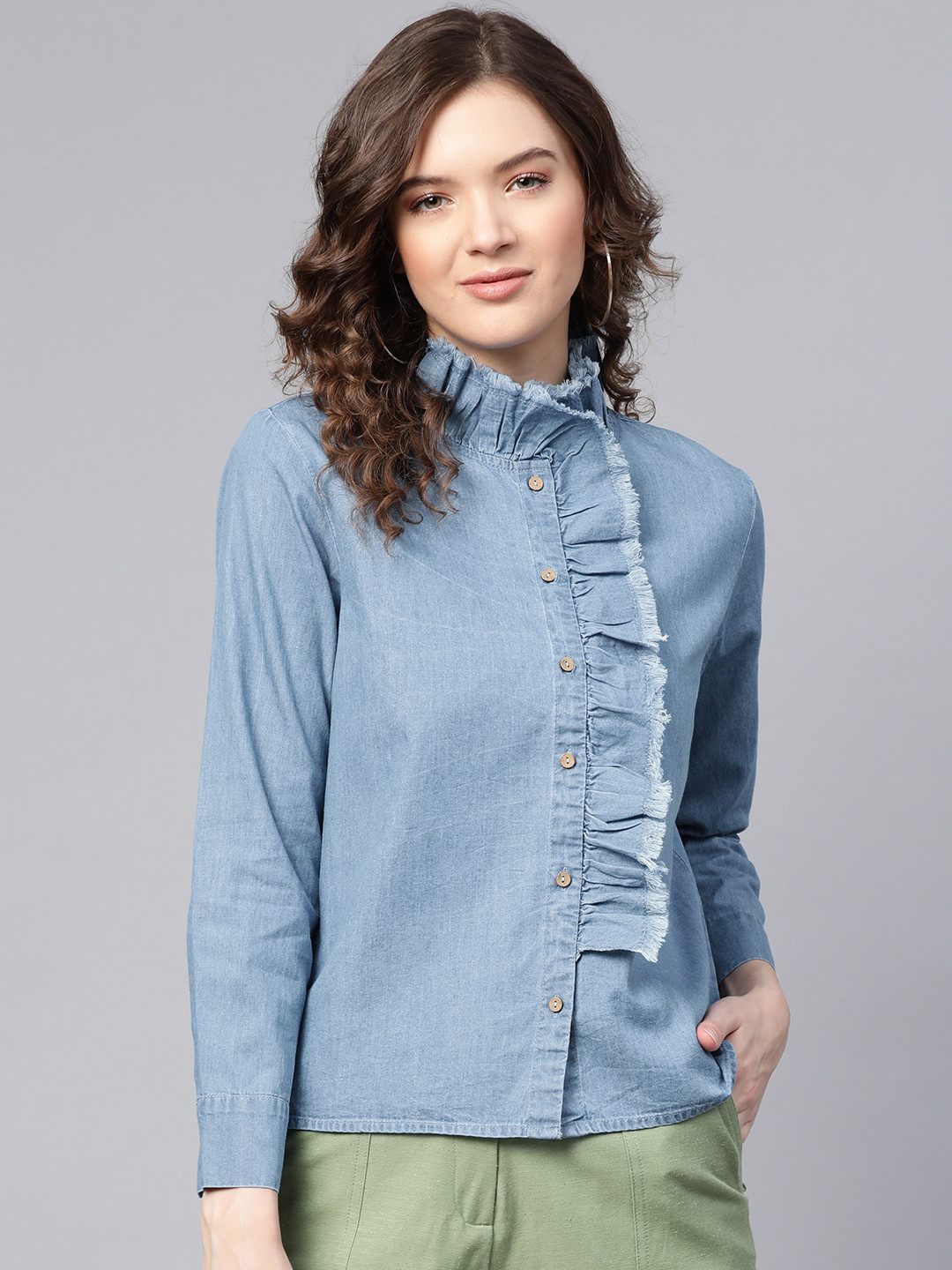 

SASSAFRAS Women Blue Solid Chambray Casual Shirt