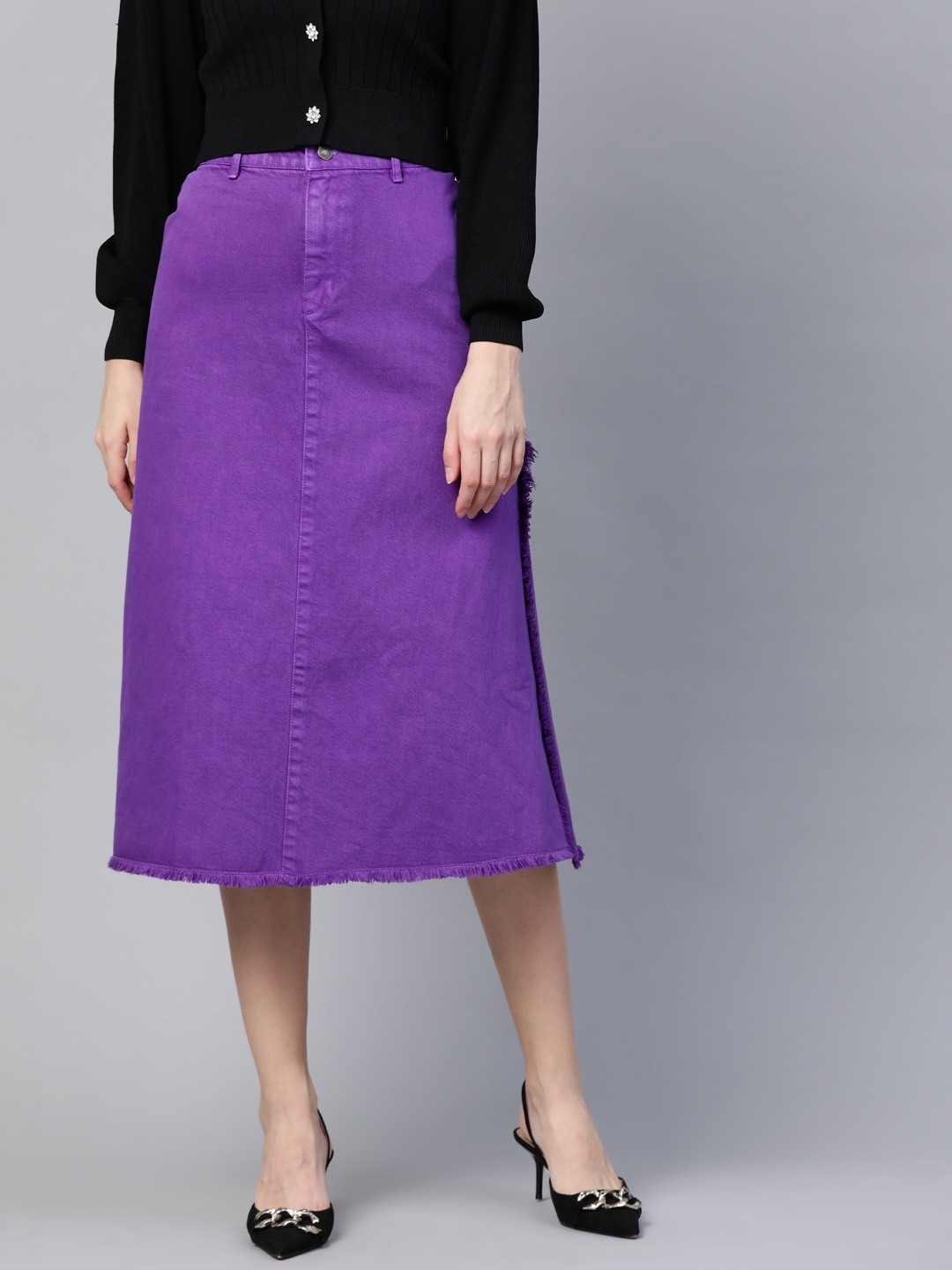 

SASSAFRAS Women Purple Pure Cotton Solid Denim A-Line Skirt
