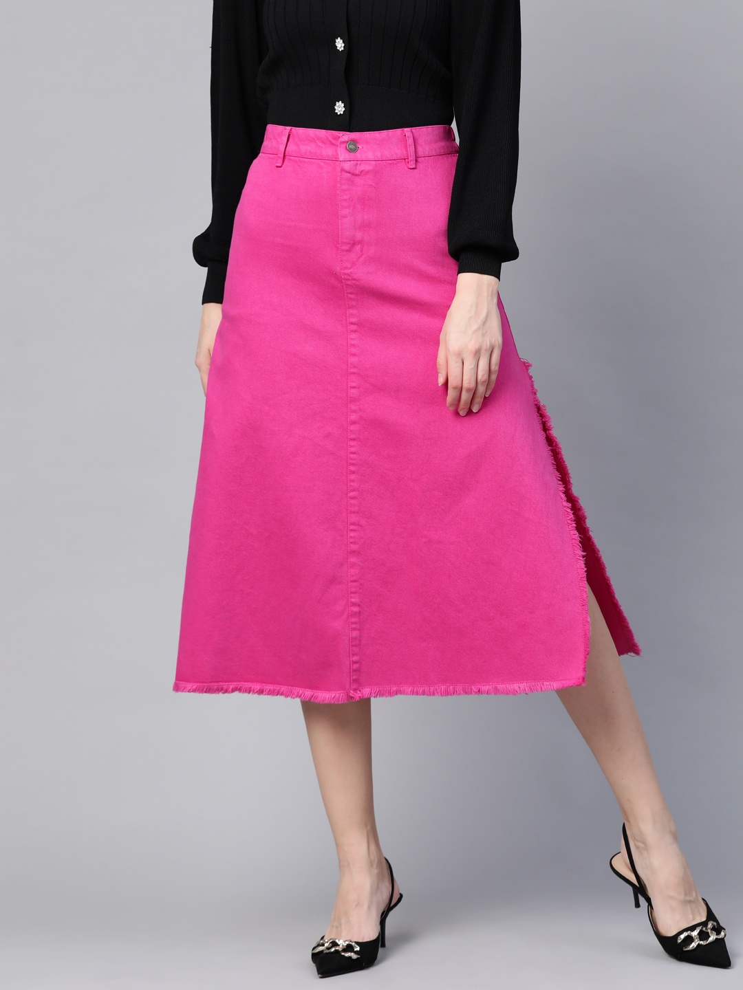 

SASSAFRAS Pink Pure Cotton Denim A-Line Skirt