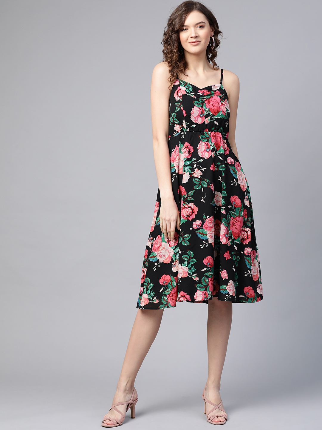 

SASSAFRAS Classy Black and Pink Floral Print Smocked Dress