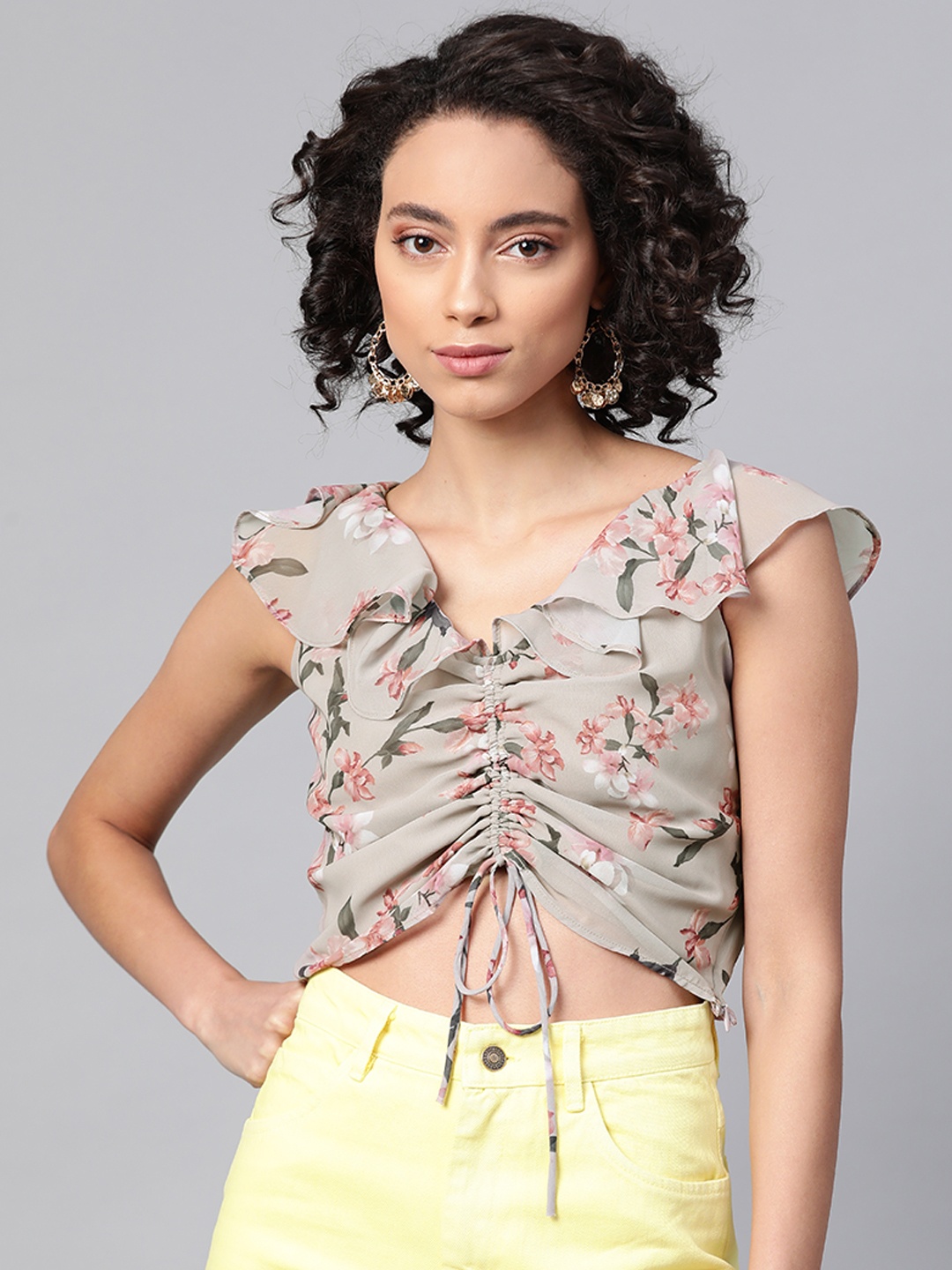 

SASSAFRAS Appealing Olive and Red Floral Print Smocked Crop Top
