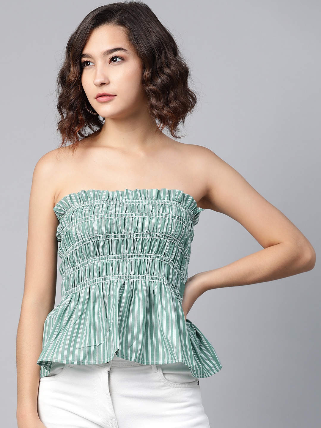 

SASSAFRAS Striped Smocked Peplum Style Top, Green