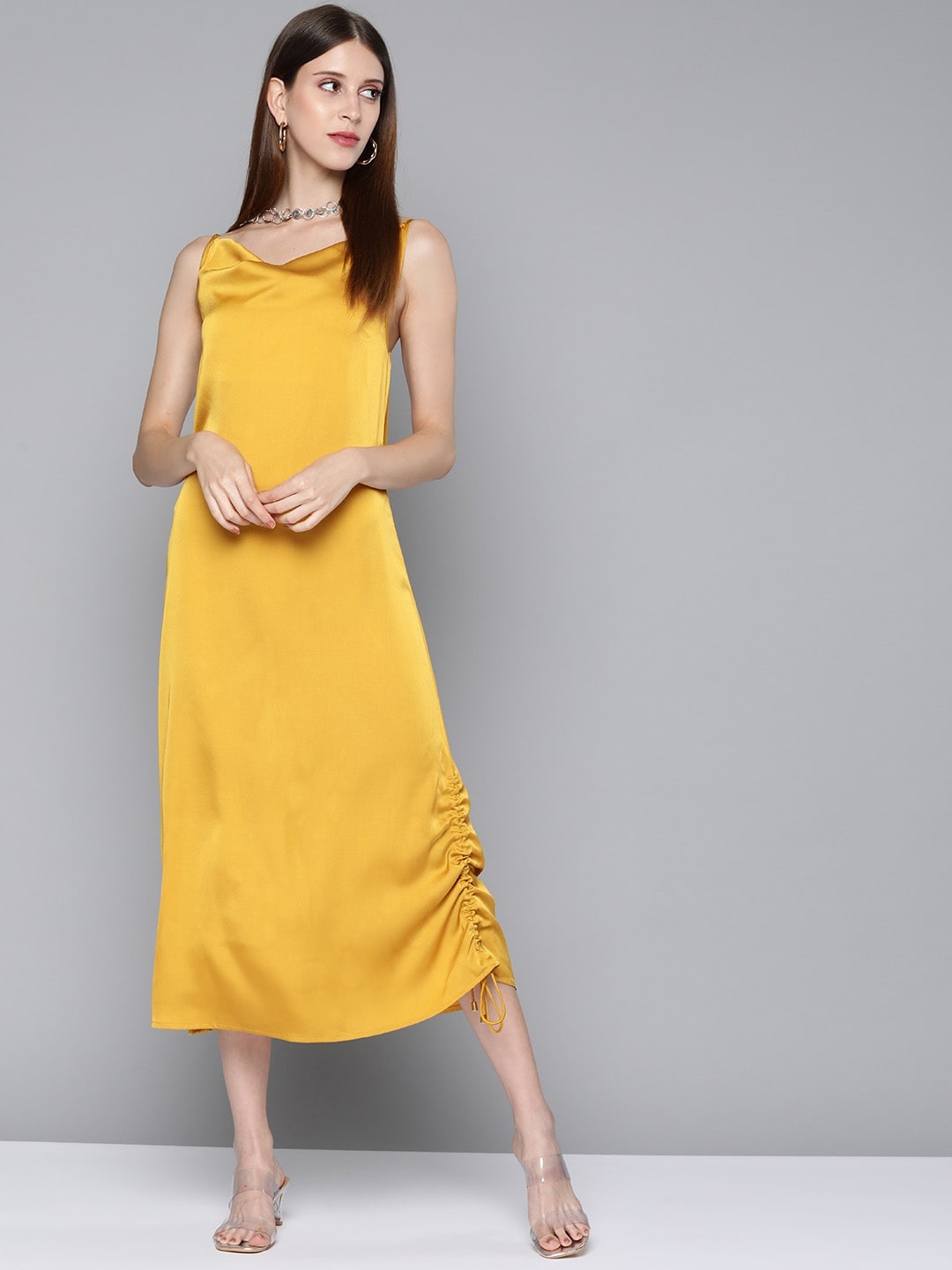 

SASSAFRAS Mustard Yellow Cowl Neck Satin Finish Ruched Detail A-Line Midi Slip Dress