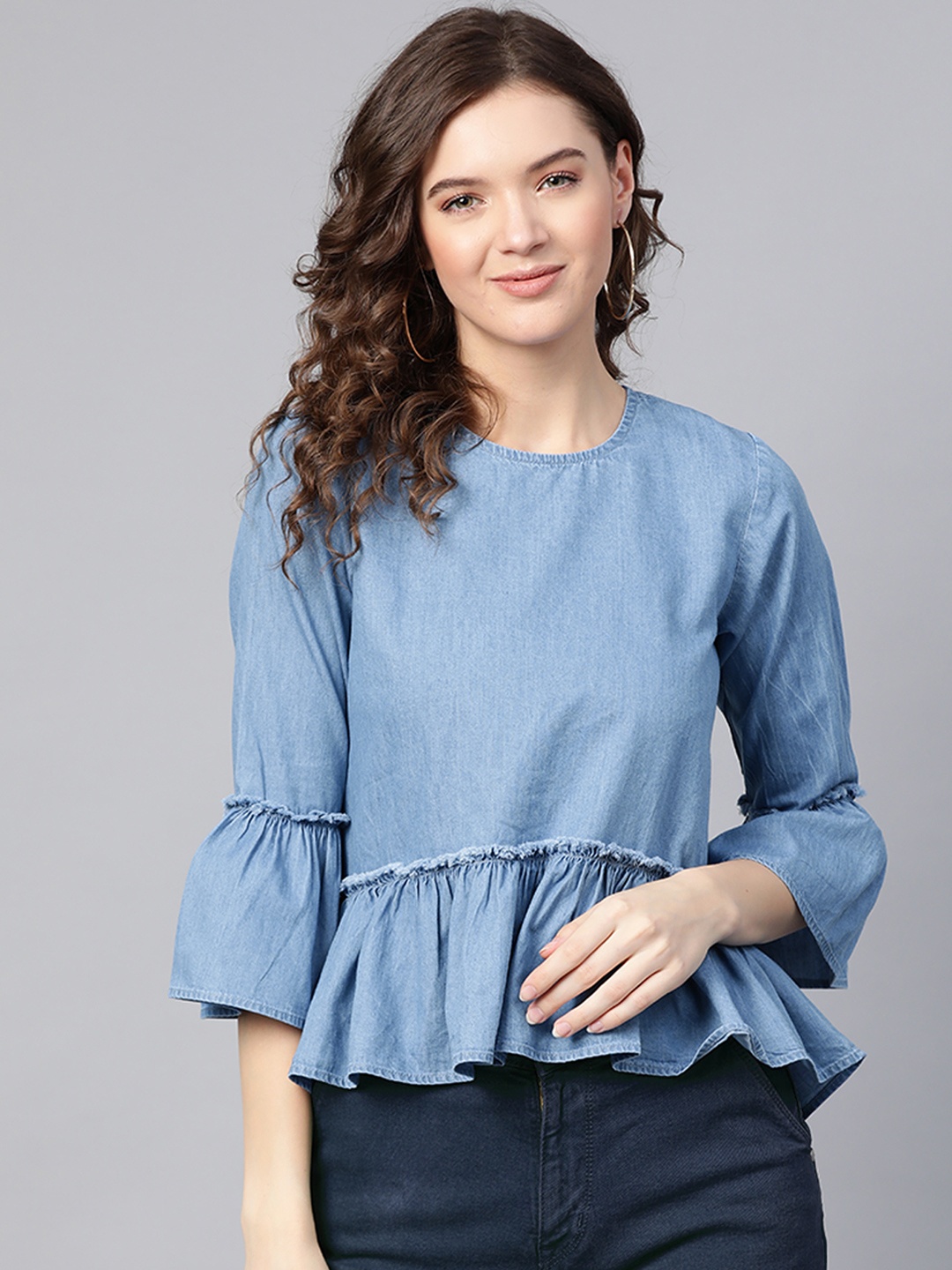 

SASSAFRAS Tranquil Blue Solid Ruffled Top