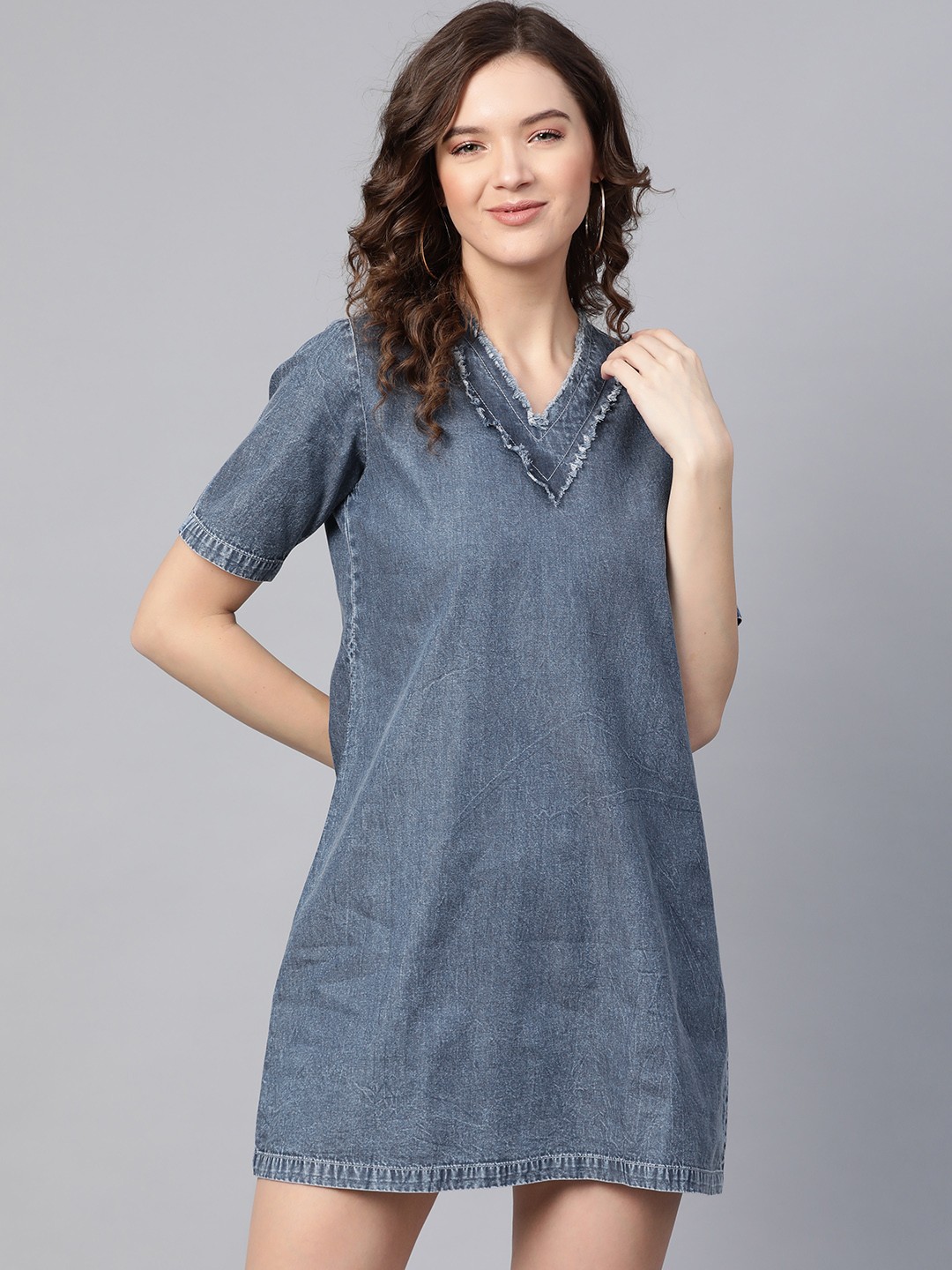 

SASSAFRAS Navy Blue Acid Wash Chambray A-Line Mini Dress