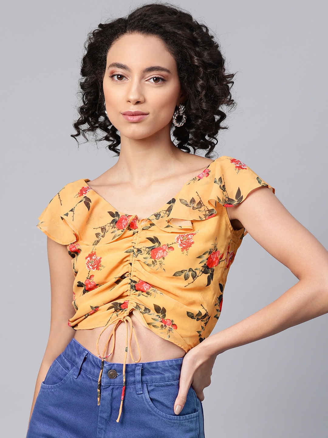 

SASSAFRAS Mustard and Red Floral Print Ruched Crop Top