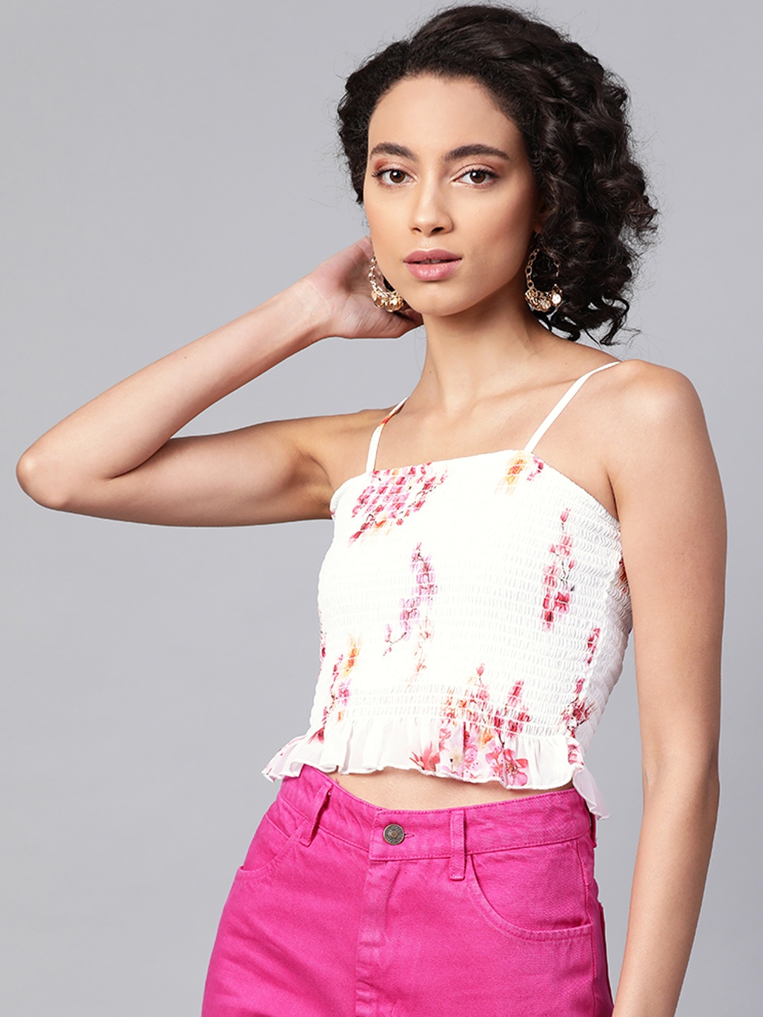 

SASSAFRAS Attractive White and Pink Floral Print Smocked Crop Top