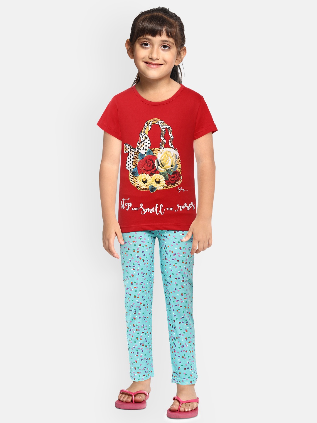 

Eimoie Girls Red & Blue Printed Pure Cotton Night Suit