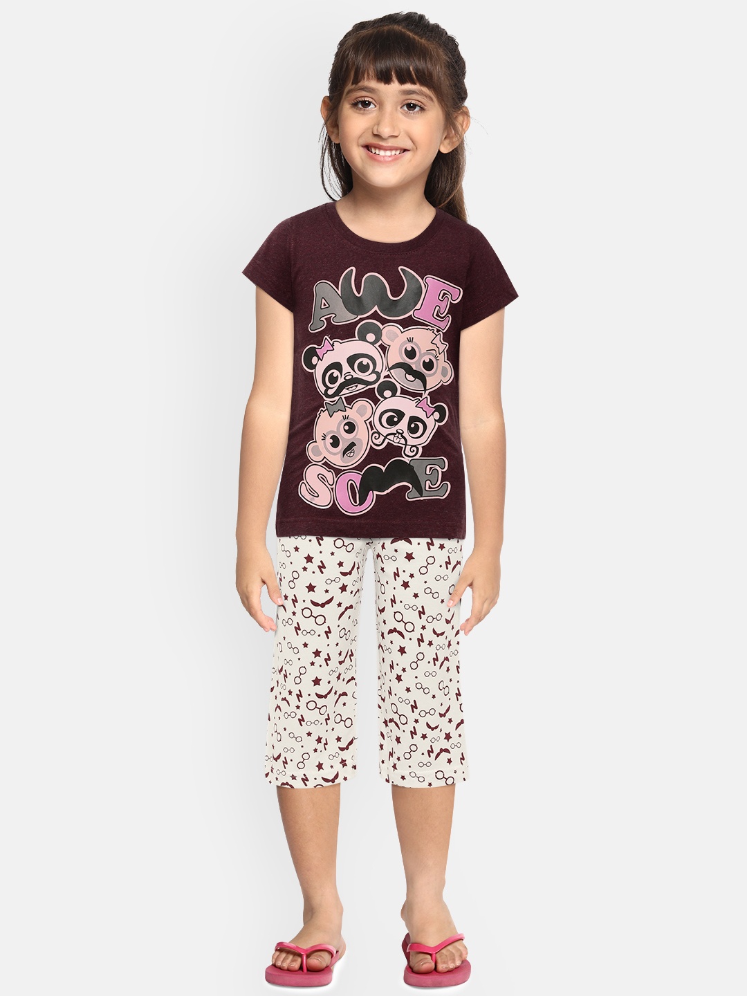 

Eimoie Girls Burgundy & Off-White Printed Pure Cotton Night Suit