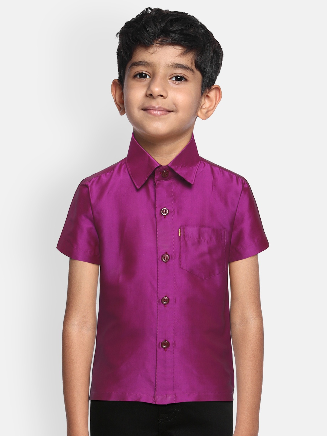 

THANGAMAGAN Boys Violet Regular Fit Solid Ethnic Silk Shirt