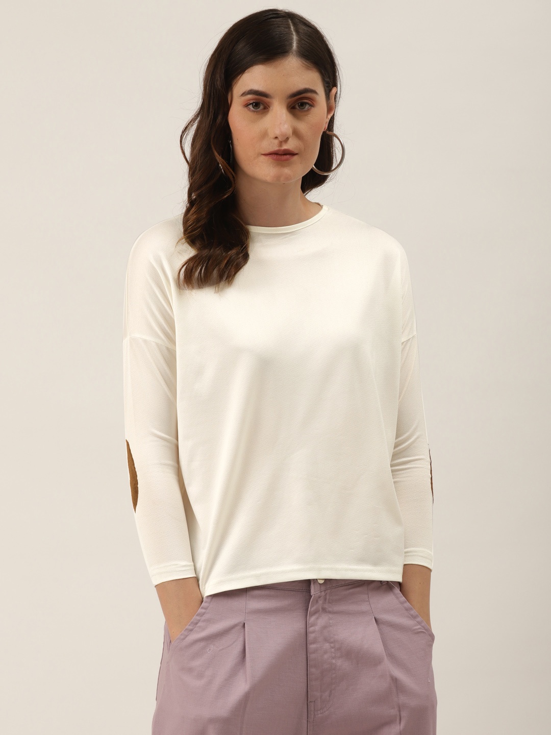 

DIVA WALK EXCLUSIVE Women White Solid Round Neck T-shirt with Elbow Patch